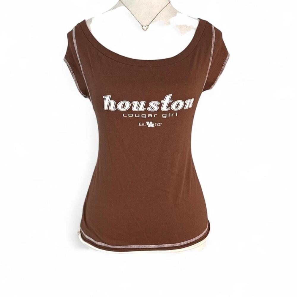 Y2K Houston Cougars Brown Cotton baby tee short sleeve Top with White Size Large